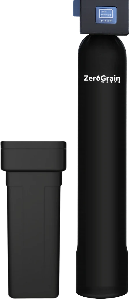 Matte black water softener with its valve and display at the head of the tank, beside the shorter tank that holds the salt